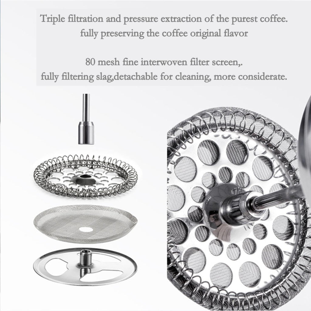 French Press Coffee Maker 3-Level Filtration Double-Walled 6MM Vacuum Insulated Keep Hot 2 Hours for Travel 32oz Polished Stainless Steel