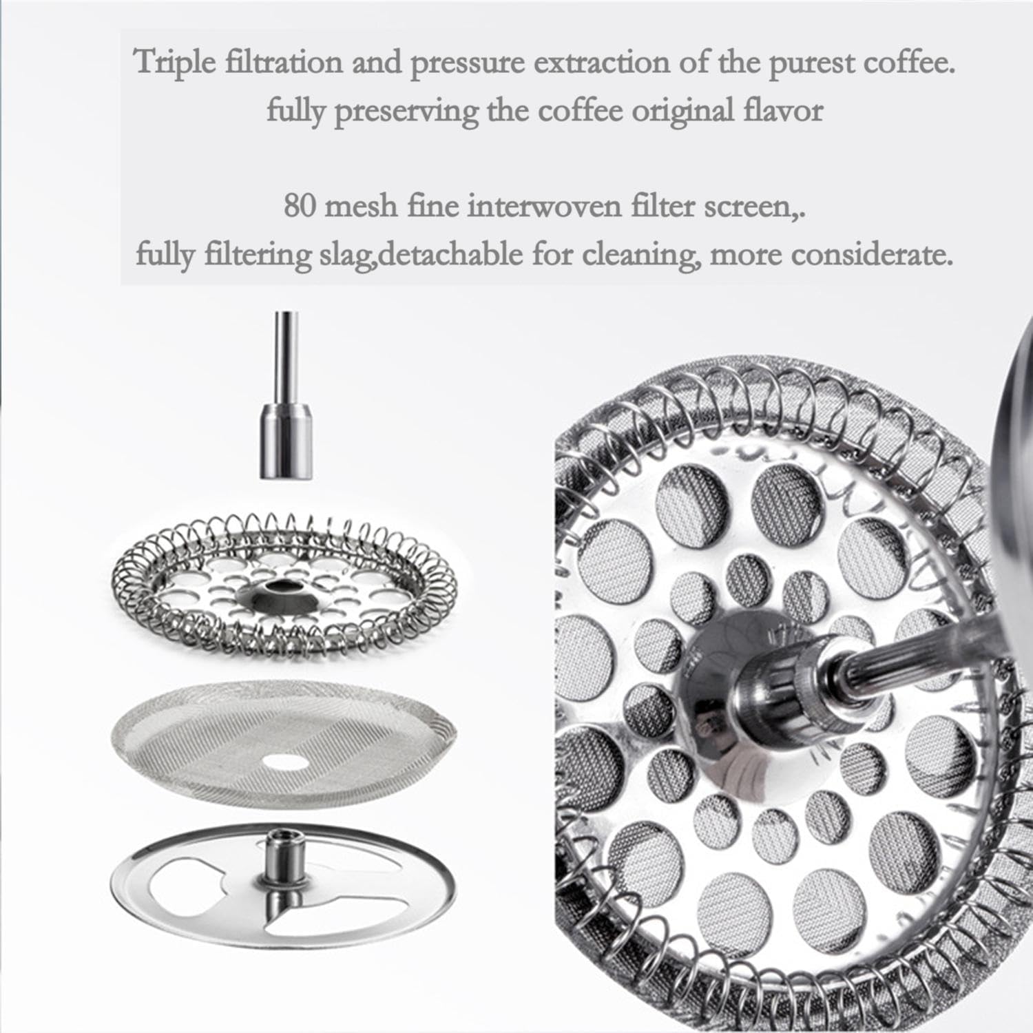 French Press Coffee Maker 3-Level Filtration Double-Walled 6MM Vacuum Insulated Keep Hot 2 Hours for Travel 32oz Polished Stainless Steel