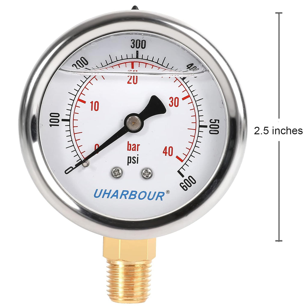 Glycerin Filled Pressure Gauge 600psi/40bar, Stainless Steel case, Brass Inside Construction, 2-1/2" dial, 1/4" NPT Rear Connection.
