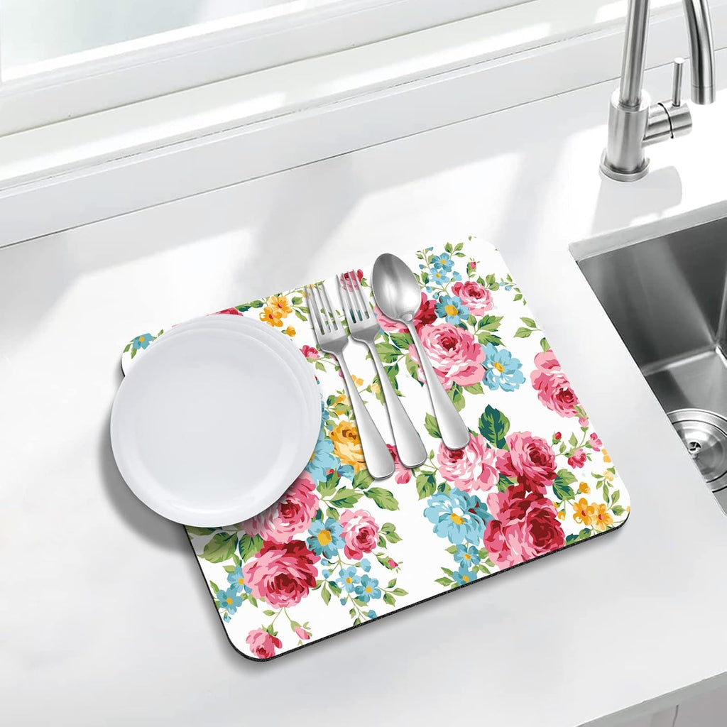 Rubber Dish Drying Mat for Kitchen Counter Large Pink Red Roses Floral Washable Quick Home Coffee Pad Fit Under Sink,Bar,Utensils 16x18in