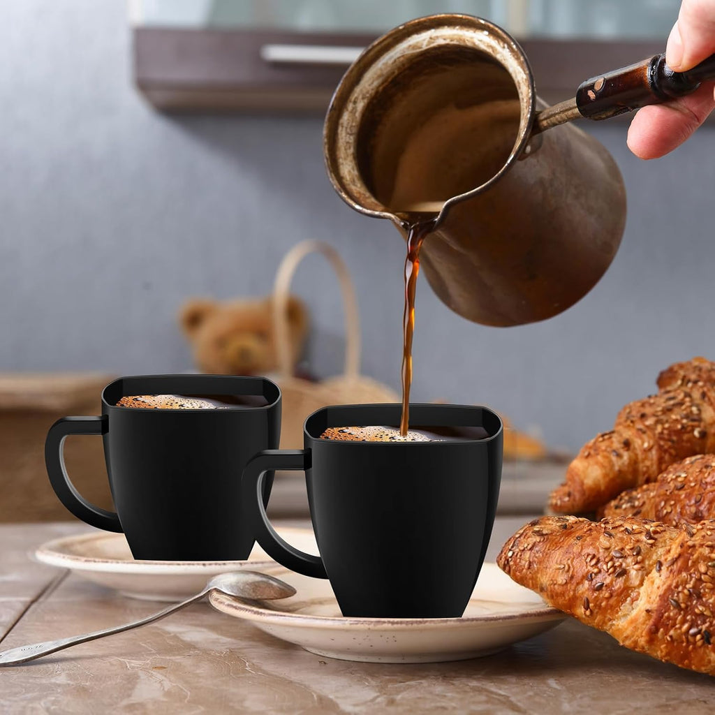 Amyhill 50 Pcs Disposable Tea Cups Mini Plastic Tea Cup Bulk with Handle Hard Plastic Coffee Mug Disposable Square Espresso Mug for Party Catering (Black)