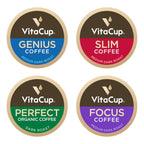 VitaCup Coffee Pods 40ct, Slim w/Garcinia for Diet Support 10ct, Genius Keto w/MCT Oil for Energy & Focus 10ct, Low Acid USDA Organic Perfect 10ct, & Focus w/Mushrooms for Memory & Clarity 10ct