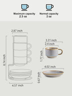 Gomakren 2.5 Ounce Espresso Cups Set of 4, Small Stackable Coffee Cups with Saucers and Metal Stand, Porcelain Demitasse Cups for Specialty Coffee Drinks, Espresso, Cappuccino, Latte, Tea, Gray