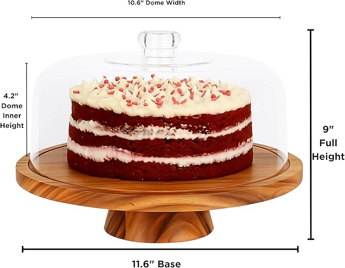 JOEY'Z 6 in 1 Large Acacia Wood Cake Stand with Lid - Multiuse Wooden Cake Stand with Dome Acrylic Cake Cover/Cake Dome - Cake Holder With Lid - Cake Stands