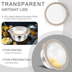 HaWare Mixing Bowls with Airtight Clear Lids, 6-Piece Stainless Steel Strong Nesting Bowls Set, Metal Salad Bowl for Cooking, Prepping, Baking, Serving & Food Storage, Size 4.6, 3, 1.5QT, Khaki