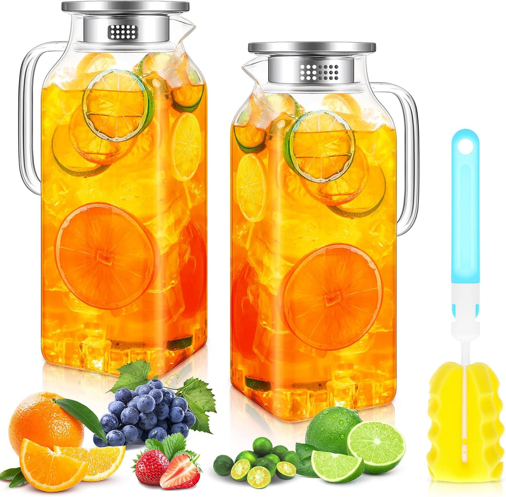 Nuogo 2 Pack 2 Liters/68 oz Square Glass Pitcher with Lid Spout Handle Water Pitcher Borosilicate Glass Carafe for Tea and Coffee Beverage Serveware Milk Water Juice Jug for Hot/Cold Drinks with Brush
