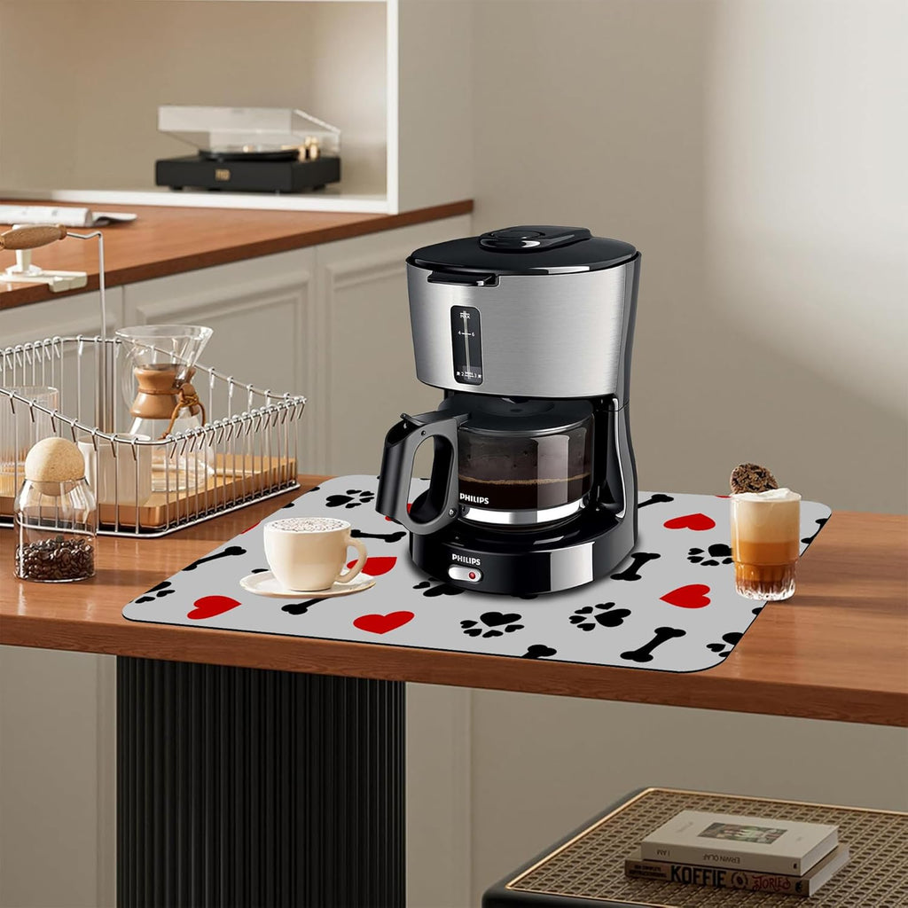 Dish Drying Mat Cute Dog Bone Paw Print Red Heart Kitchen Mat 12"x19" Bsorbent Coffee Maker Mat for Dishes,Utensils Coffee Maker Pots and Pans Easy Clean Dish Slip Resistant Pad