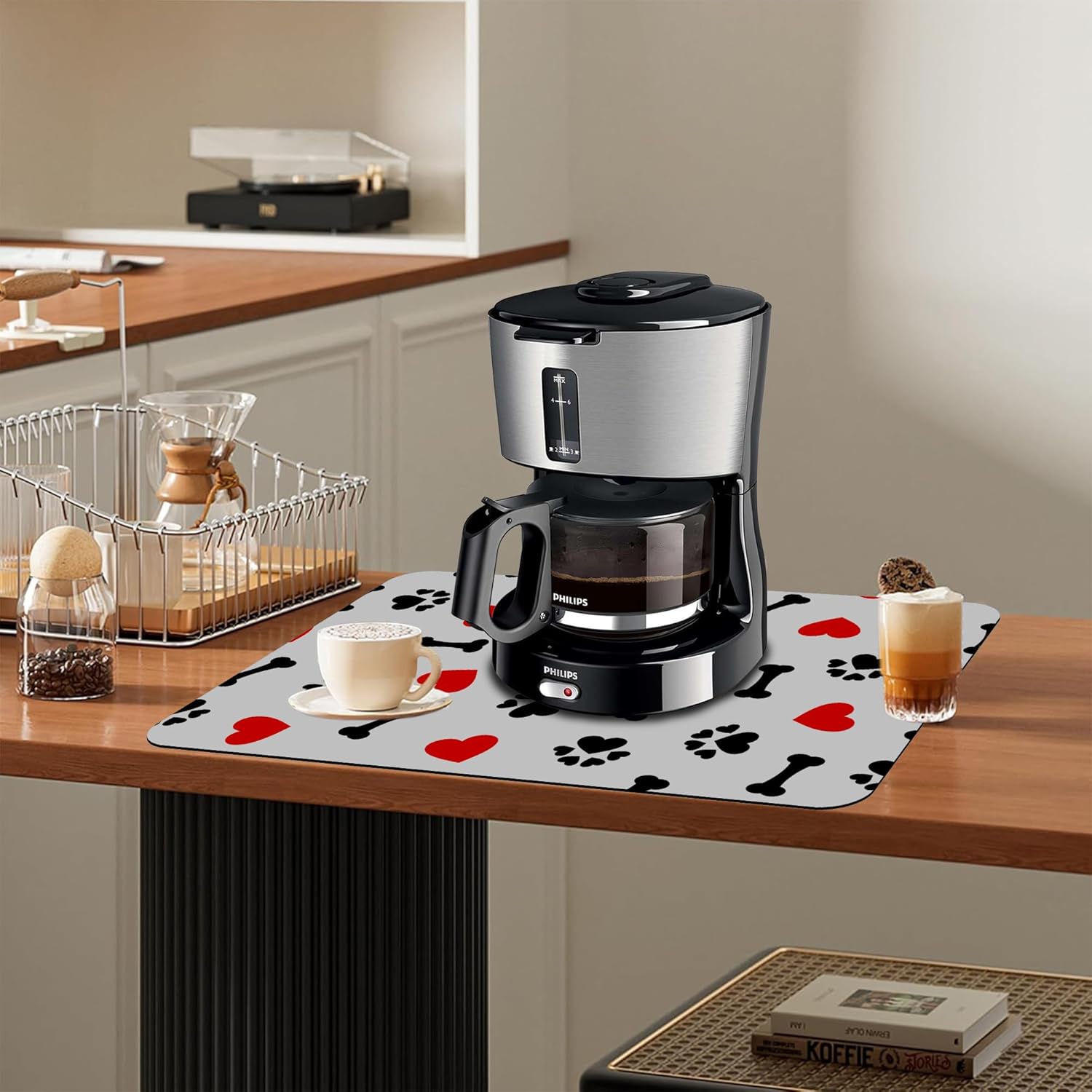 Dish Drying Mat Cute Dog Bone Paw Print Red Heart Kitchen Mat 16"x24" Bsorbent Coffee Maker Mat for Dishes,Utensils Coffee Maker Pots and Pans Easy Clean Dish Slip Resistant Pad