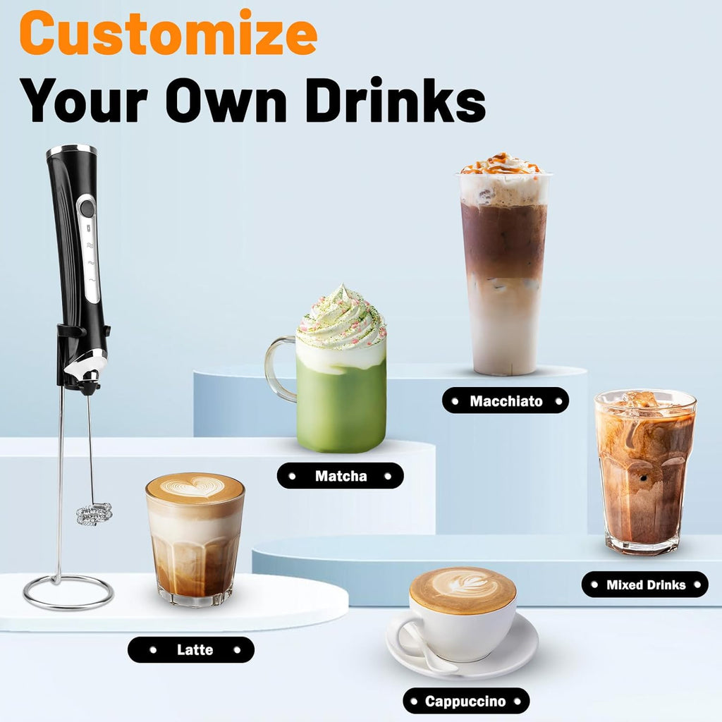 TonJin Milk Frother USB C Rechargeable New Upgraded Handheld Frother Wand with 2 304 Stainless Whisks 1 Stand, 3 Speeds Electric Coffee Whisk Frother for Lattes, Cappuccino, Egg, Matcha, Black