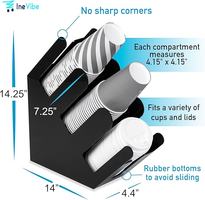 Cup and Lid Holder Stand - 3 Compartment Disposable Cup Dispenser for Countertop Storage - Slanted Paper Coffee Cup Organizer for Breakroom, Kitchen, Hotel, Bar