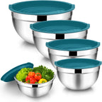 TeamFar Mixing Bowl Set of 5, Stainless Steel 4.5/3/1.5/1/0.7 QT Metal Nesting Salad Bowls with Lids, Ideal for Mixing Serving Tossing, Non-Toxic & Sturdy, Airtight Lid & Easy Clean, Blue
