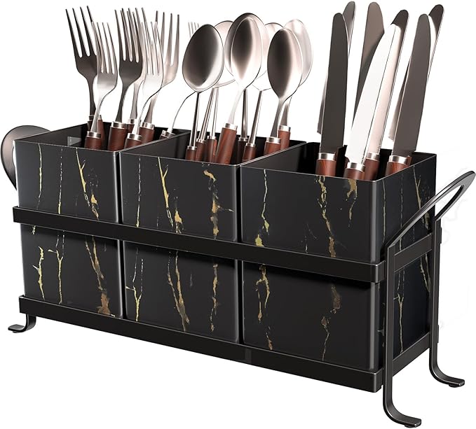 Classic Farmhouse Kitchen Organizer - Exquisite Black Gold Marble Metal Silverware Caddy, 3 Spacious Compartments, Ideal for Cutlery, Cooking Tools & More