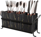Classic Farmhouse Kitchen Organizer - Exquisite Black Gold Marble Metal Silverware Caddy, 3 Spacious Compartments, Ideal for Cutlery, Cooking Tools & More