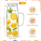 Hsei 2 Sets Glass Pitcher with Lid, 67.6 oz / 2000 ml Water Carafe with Handles Hot Cold Beverage Water Jar Glass Jug for Tea Juice Milk Coffee Iced Beverage (Glass Lid)