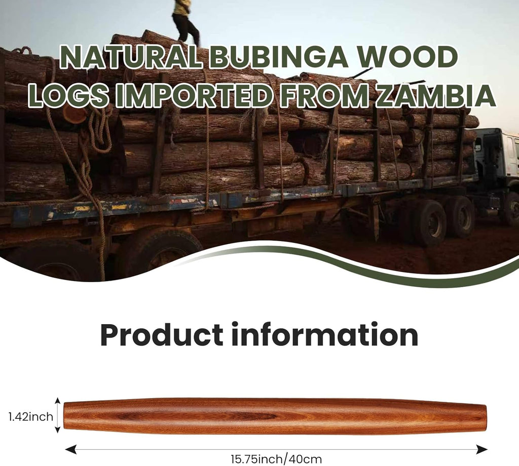 Natural Solid Bubinga Wood French Rolling Pin for Baking | Tapered Edges Type | High-Density Professional Dough Roller (French rolling pin - 15.75‘L)