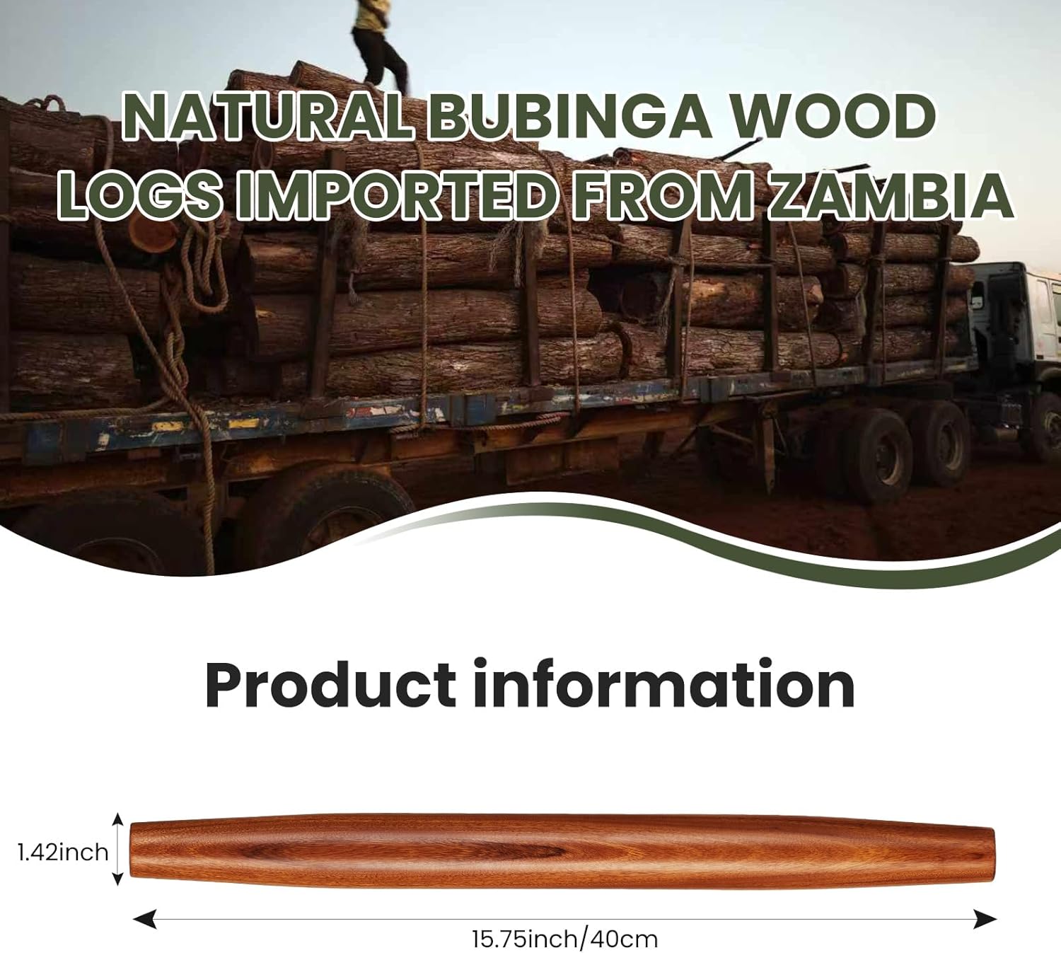 Natural Solid Bubinga Wood French Rolling Pin for Baking | Tapered Edges Type | High-Density Professional Dough Roller (French rolling pin - 15.75‘L)