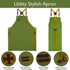 10 Pack Kitchen Aprons, Work Apron, Canvas, Multiple Pockets, Gardening, Painting, BBQ, Artist, Carpenter, Sizes M to XXL, Olive
