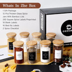12 Pcs Glass Spice Jars With 296 Spice Labels Preprinted of White and Black Color- 10oz Thicken(2.4mm) Spice Containers With Bamboo Airtight Lids - Empty Small Herb Seasoning Jars
