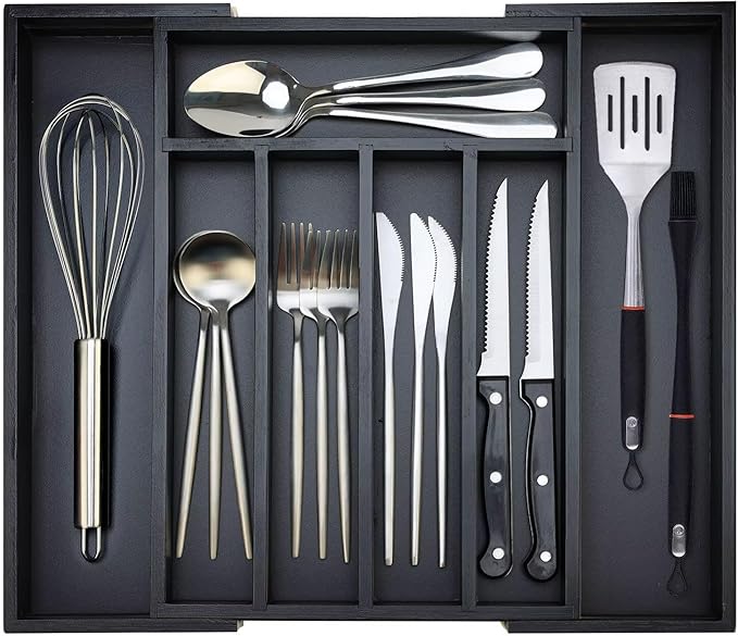 Expandable Large Kitchen Silverware Drawer Organizers Tray Bamboo Utensil Organizer Adjustable Cutlery Tray Black Wooden Flatware Organizers Divider Cooking Utensil Holder Drawer Fork Spoon Organizer
