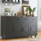 55" Sideboard Buffet Cabinet with Storage, Coffee Bar Cabinet with 3 Drawers and 4 Barn Doors, Long Storage Cabinet Modern Farmhouse, Black Wood, for Kitchen, Dining Room, Living Room