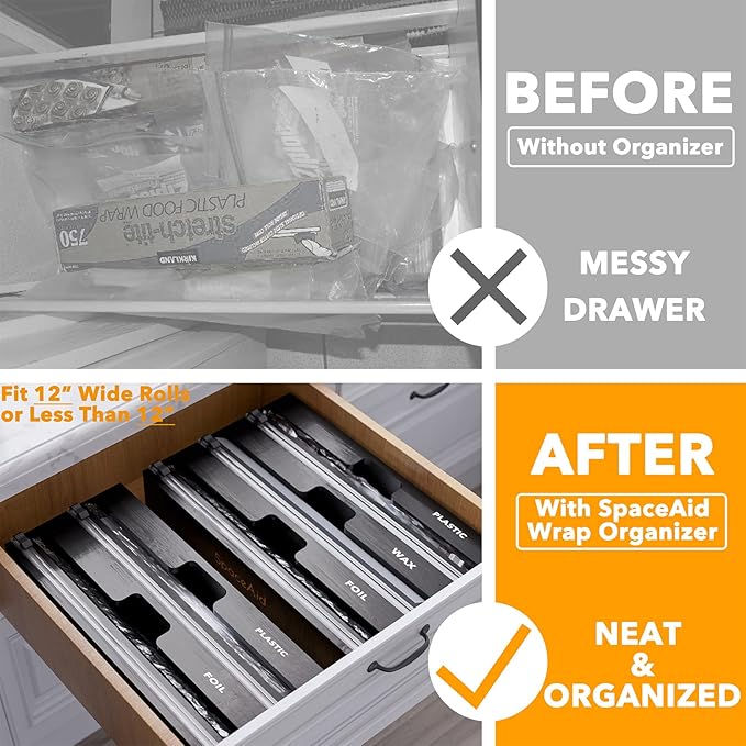 SpaceAid WrapNeat 3 in 1 Wrap Organizer with Cutter and Labels, Plastic Wrap, Aluminum Foil and Wax Bamboo Dispenser for Kitchen Storage Organization Holder for 12" Roll (Black)