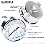 MEANLIN MEASURE 0~300Psi Liquid Filled Pressure Gauge Stainless Steel with 316 Stainless Steel Joint 1/4" NPT 2.5" FACE DIAL for Air Compressor Air Regulator Water Filter Center Back Mount