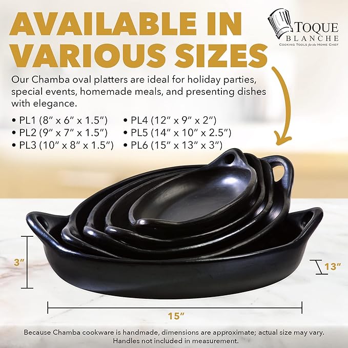 Authentic Chamba Oval Platter with Handles - Elegant, All-Natural Black Clay Roasting Pan for Baking, Roasting and Serving - Stovetop & Oven Safe – Handmade in Colombia – 8 Inches Long