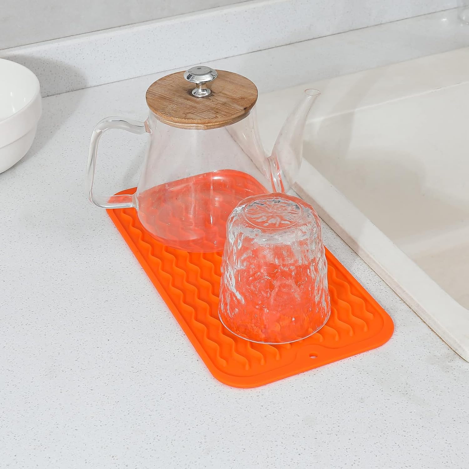 Silicone Dish Drying Mat for Multiple Usage,Easy clean,Eco-friendly,Heat-resistant Silicone Mat for Kitchen Counter or Sink,Refrigerator or Drawer Liner Orange S 12 inches x 6 inches