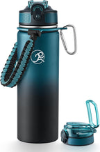 GOSWAG Insulated Sports Water Bottle, 24oz 2 Lids(with Straw/No Straw), Stainless Steel Water Bottles with Paracord Handle, Insulated Bottle with Double-Wall Vacuum Insulation