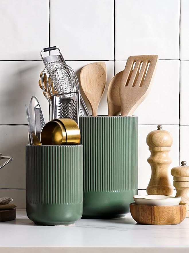 LE TAUCI Utensil Holder, 7.3"+5.4" Ceramic Kitchen Utensil Holder for Countertop, Large Cooking Utensil Crocks for Kitchen Counter, Modern Utensil Organizer for Spatula, Set of 2, Forest Green