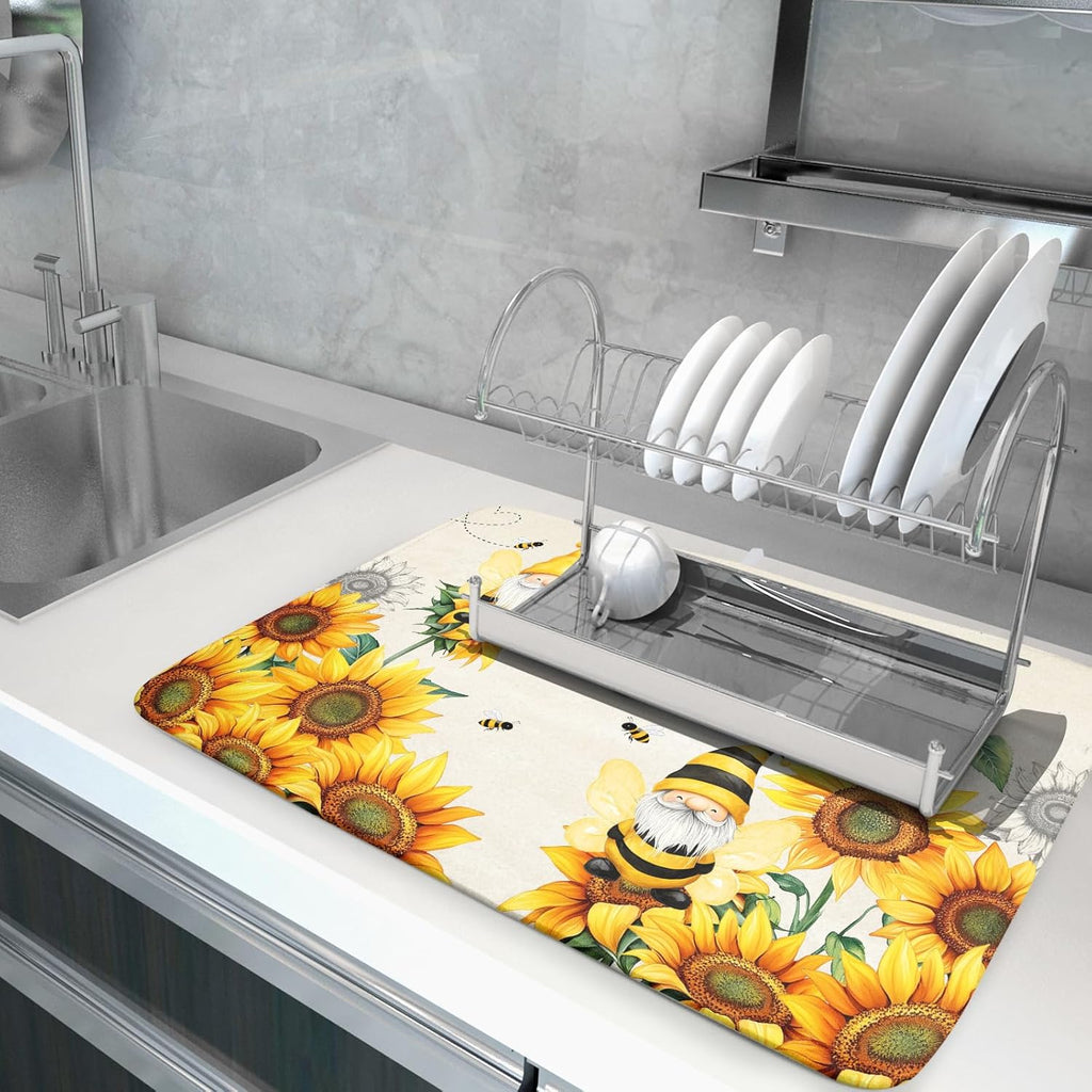Giwawa Bee Gnomes Dish Drying Mat, Summer Sunflowers Elf Dish Drainer Mats for Kitchen Countertop, Vintage Sunshine Floral Absorbent Reversible Dish Drying Pad Decor, 18x24inches, Large