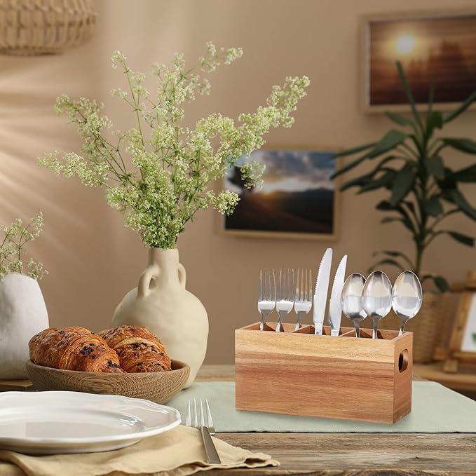 Acacia Wooden Silverware Holder,Kitchen Utensil Caddy with 3 Compartments,Cutlery Storage Organizer Countertop,Flatware Organizer for Party,Spoon, Fork Holder