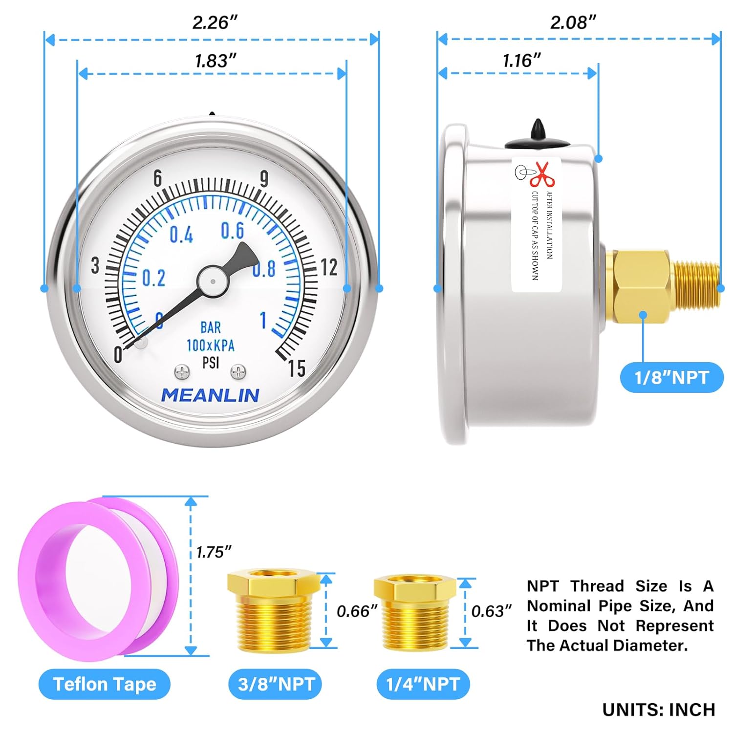 MEANLIN MEASURE 0~15Psi Dry Low Pressure Gauge Stainless Steel 1/8" NPT 2" FACE DIAL Waterproof for Water Oil Air Well Pump Tank Tire Pressure Test Back Mount, with 1/4" NPT and 3/8" NPT Hex Bushing
