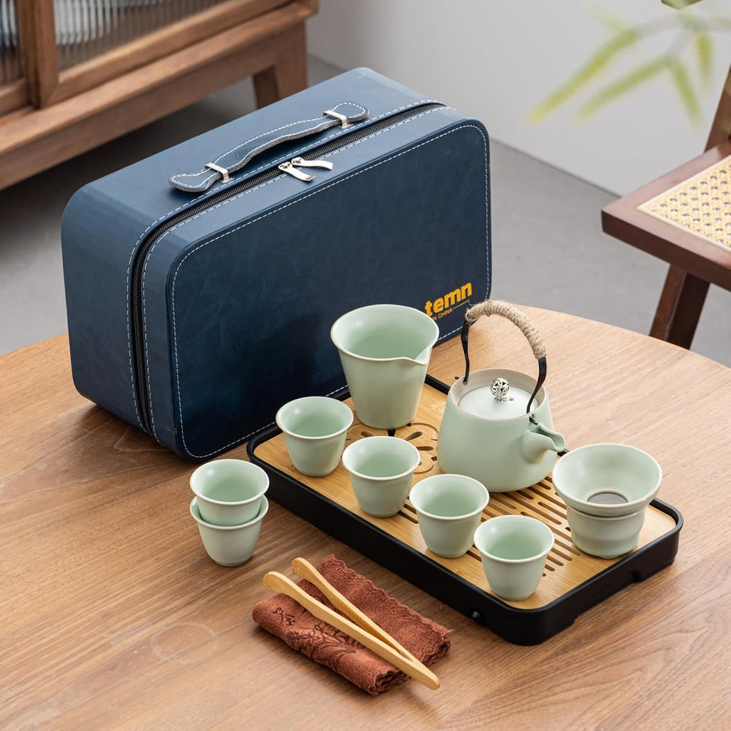 Travel tea set,Portable ceramic tea set,Chinese tea set,Tea sets for adults,Tea pot sets,Portable Travel Bag,Home,Gifting,Outdoor and Office,茶具 (Light green)