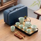 Travel tea set,Portable ceramic tea set,Chinese tea set,Tea sets for adults,Tea pot sets,Portable Travel Bag,Home,Gifting,Outdoor and Office,茶具 (Light green)