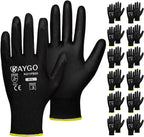 KAYGO Safety Work Gloves PU Coated,12 Pairs KG11PB Seamless Knit Glove for Men and Women, with Smooth Grip on Palm and Fingers, Ideal for General Duty Work (Large, Black)