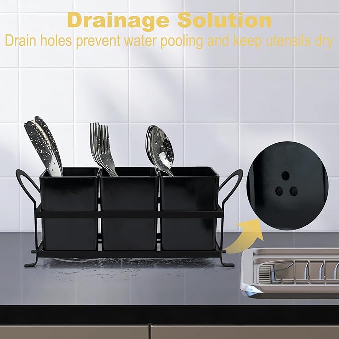 Cutlery Holder with Drain Holes, Dishwasher Safe Silverware Caddy for Party, Kitchen Counter, 3pcs Bins Set Countertop Utensil Holder for Spoons, Forks and Knives, Black