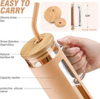 Kodrine Tumbler with Lid and Straw, 24 oz Glass Tumbler with Handle, Iced Coffee Cup Boba Smoothie Cup, Coffee Tumbler Water Tumbler Cups with Bamboo Lid Home Office Tumblers, Amber