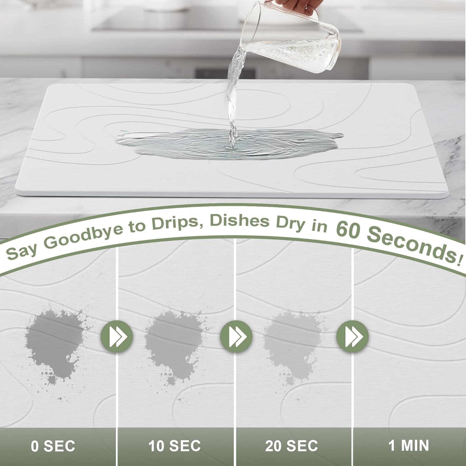 Large Stone Drying Mat for Kitchen Counter, 24" × 16" Diatomite Dish Drying Mat, Quick Dry Stone Mats, Ultra Absorbent Natural Diatomaceous Earth Mats for Dished, Bottles, White