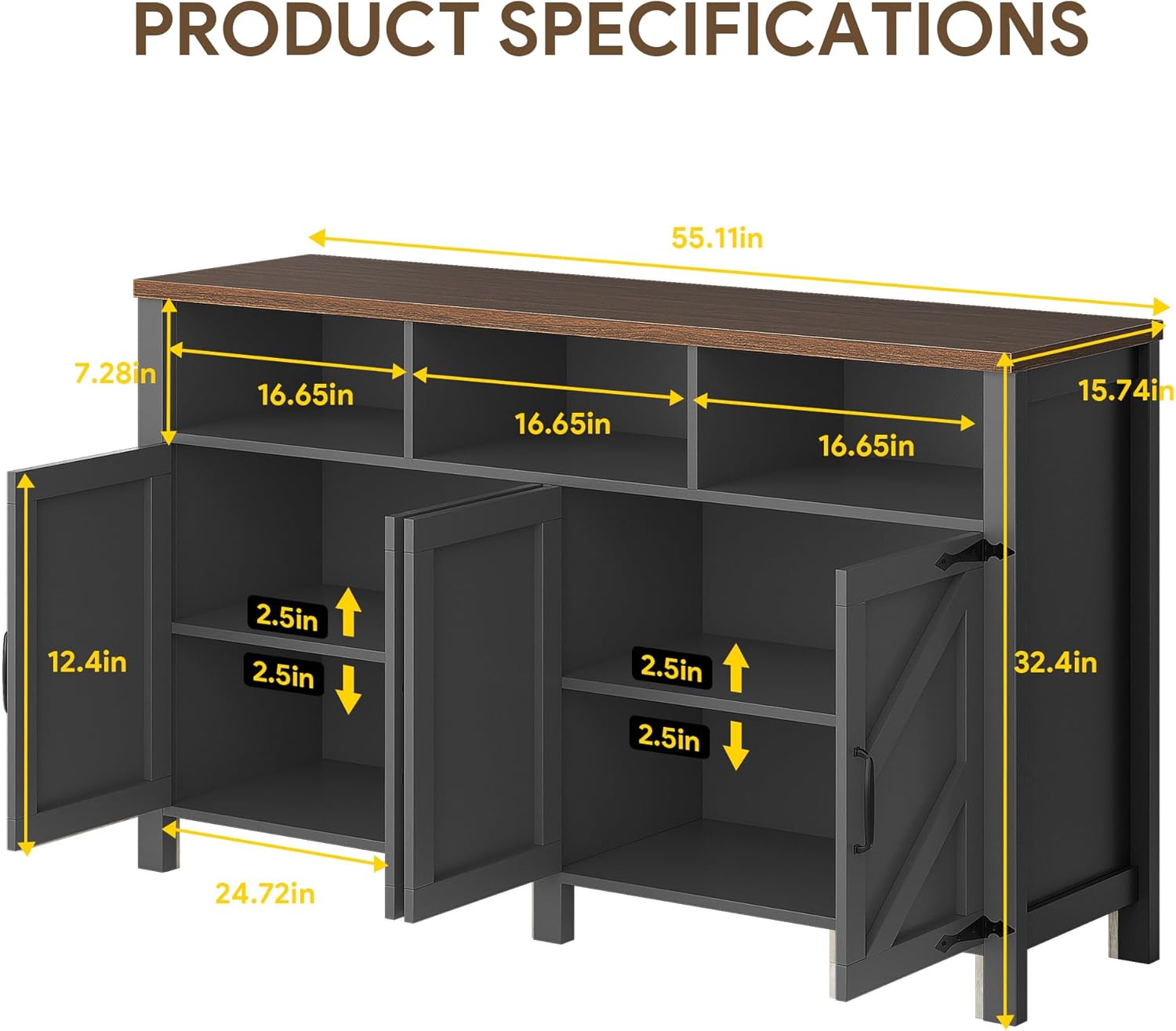 Buffet Sideboard with Storage Farmhouse with 4 Doors, 55'' Large Kitchen Storage Cabinet Wood Coffee Bar Cabinet Buffet Table with Shelves for Kitchen, Dining Room, Entryway (Black, 55 in)