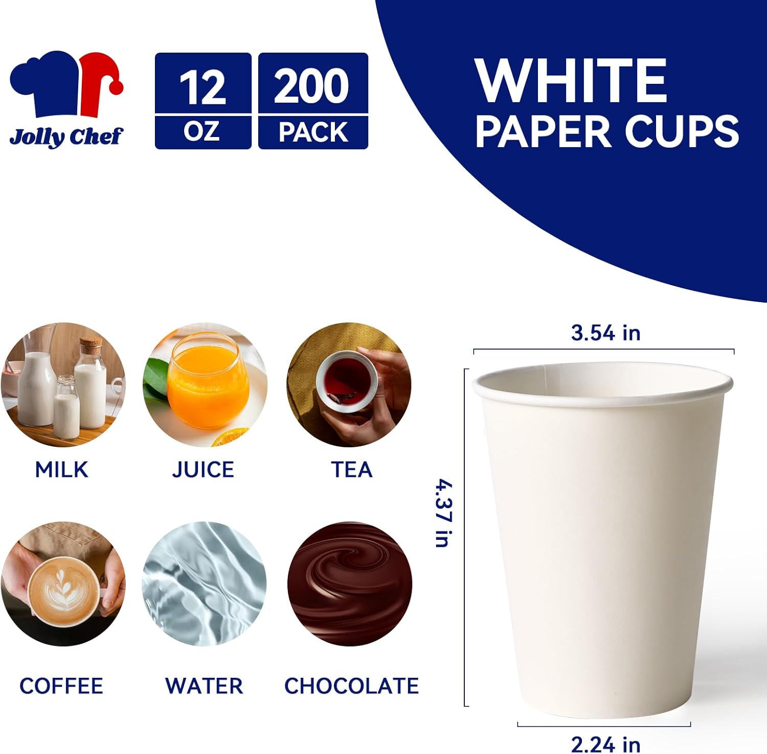 JOLLY CHEF 200 Count 12 oz Coffee Cups, Leak-Proof White Paper Cups for Coffee, Water, Juice, or Tea, Suitable for Party, Picnic, Travel, and Events