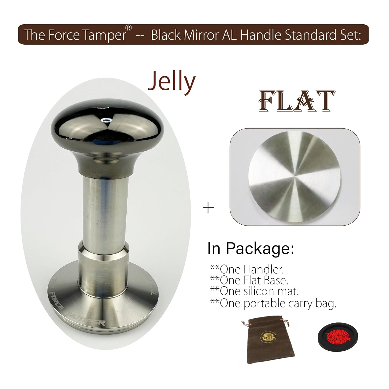 The Force Tamper Automatic Impact Adjustable Constant Pressure and Autoleveling Coffee Tamper Black Mirror Jellyfish AL Handle Set Pro (Standard Set, 53.50mm)