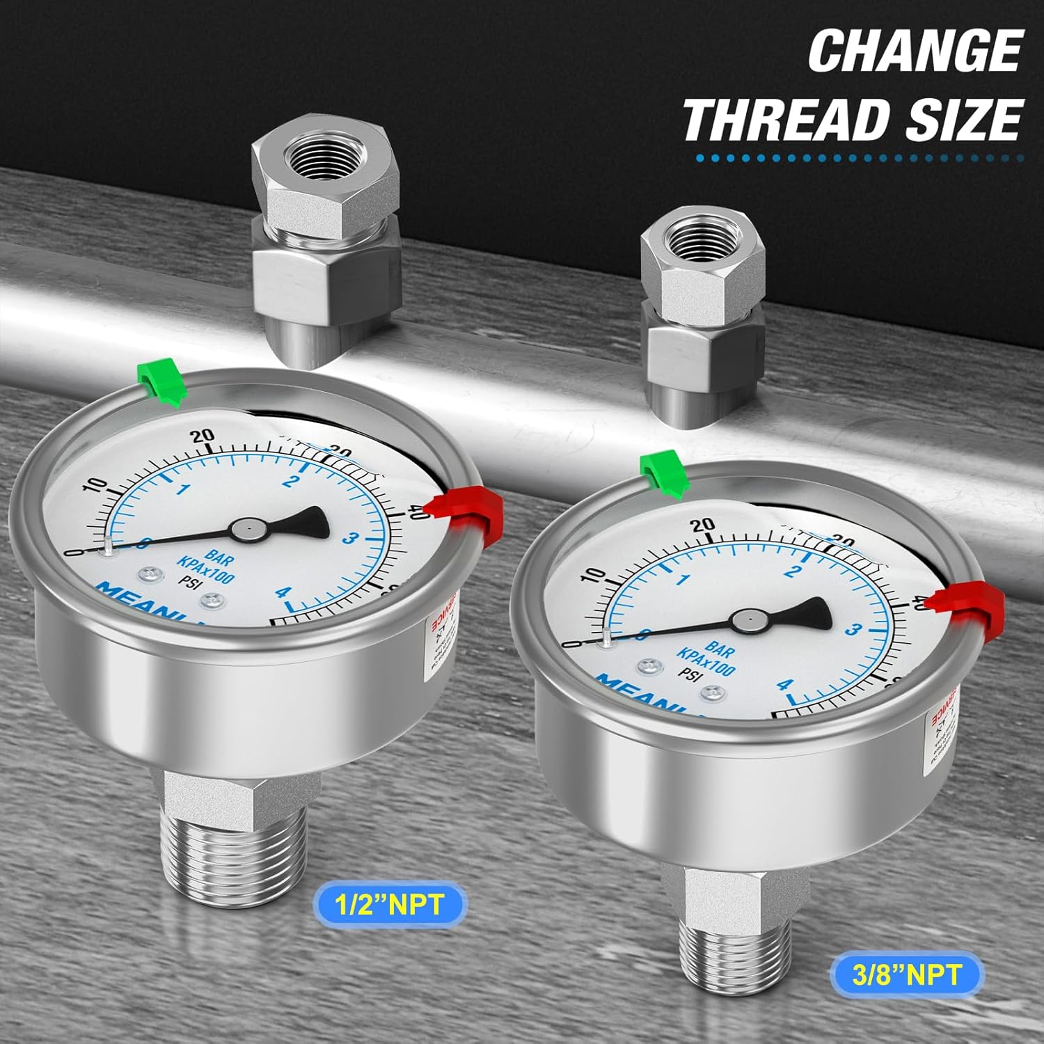 MEANLIN MEASURE 0~60Psi Stainless Steel Liquid Filled Pressure Gauge 2.5" FACE DIAL 1/4" NPT for Pool Filter Pump Water Oil Air Compressor Back Mount with Stainless Steel Hex Bushing and Snaps