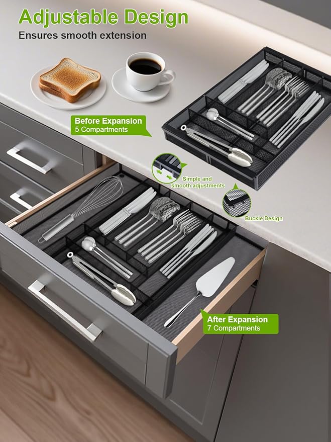 Silverware Organizer Metal Mesh, Large Drawer Organizer, Utensil Cutlery Tray for kitchen drawers, Expandable Flatware Organizer with 8 Compartment Black 11.6"~20" x 17.3"