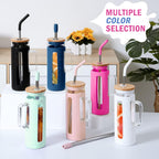 Kodrine Tumbler with Lid and Straw, 20 oz Glass Coffee Tumbler with Handle, Smoothie Cup with Bamboo Lid | Time Marker | Silicone Protective Sleeve, BPA Free -Rose Red