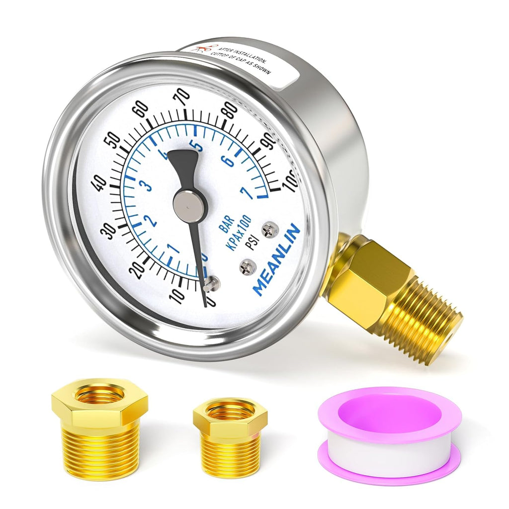 MEANLIN MEASURE 0~100Psi Dry Pressure Gauge Stainless Steel 1/4" NPT 2" FACE DIAL Waterproof for Well Pump Water Tire Water Pressure Tester Lower Mount, with 1/2" NPT and 3/8" NPT Hex Bushing