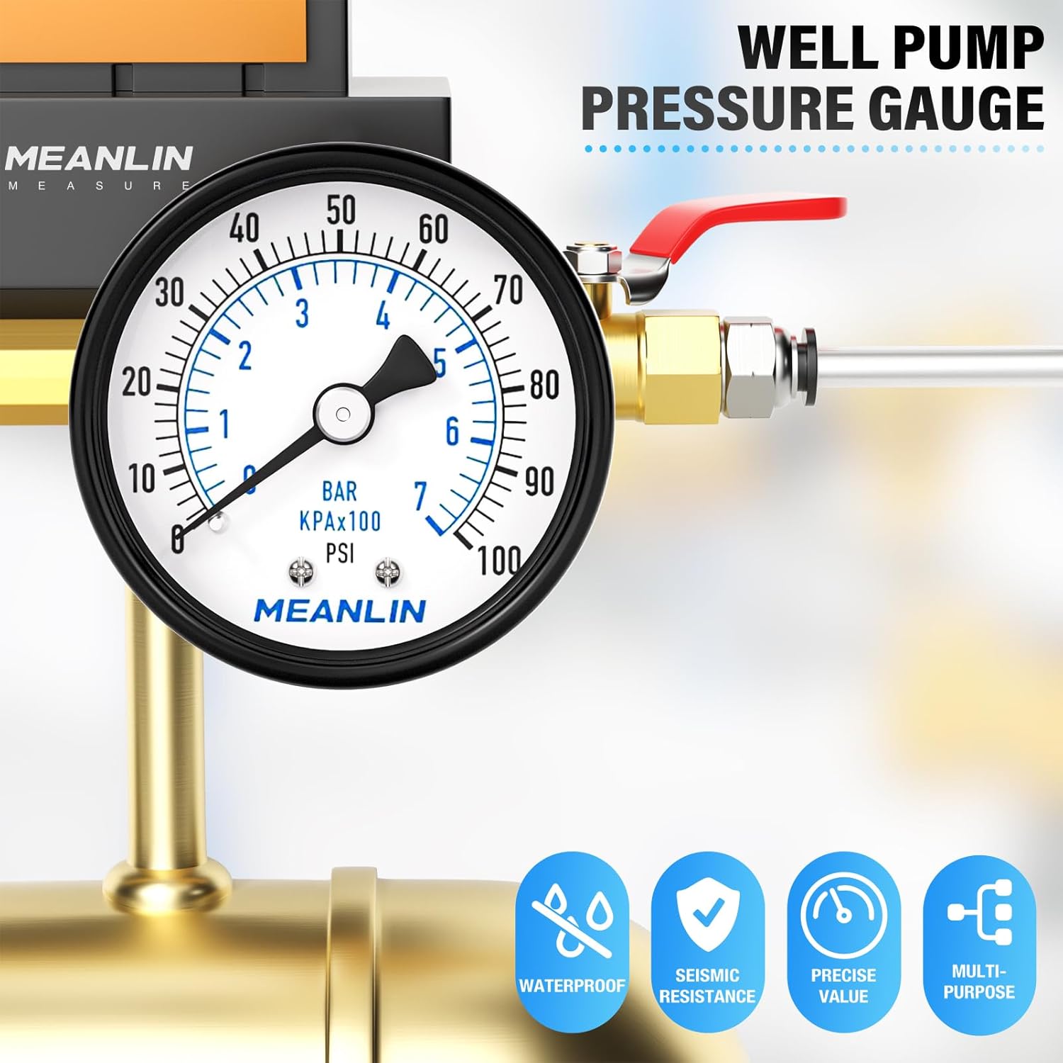 MEANLIN MEASURE 0-100Psi Well Pump Pressure Gauge 1/4" NPT 2" FACE DIAL for Well Pump Water Tire Water Pressure Tester Back Mount, with Teflon Tape