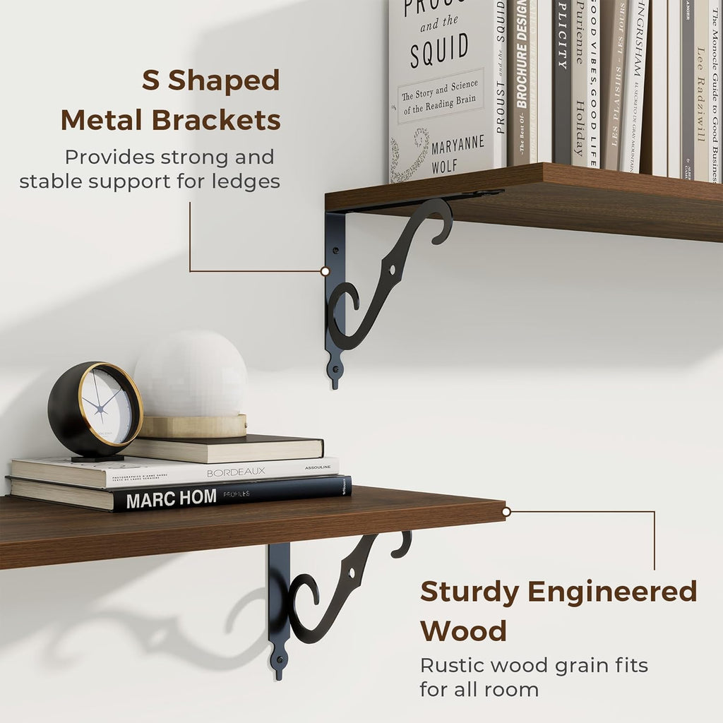 RICHFOCUS 12 Inch Deep Floating Shelves for Wall, 24" W x 12" D Wood Wall Shelves Set of 2, Wide Floating Shelves for Living Room, Bedroom, Kitchen, Bathroom and Decor Storage, Walnut