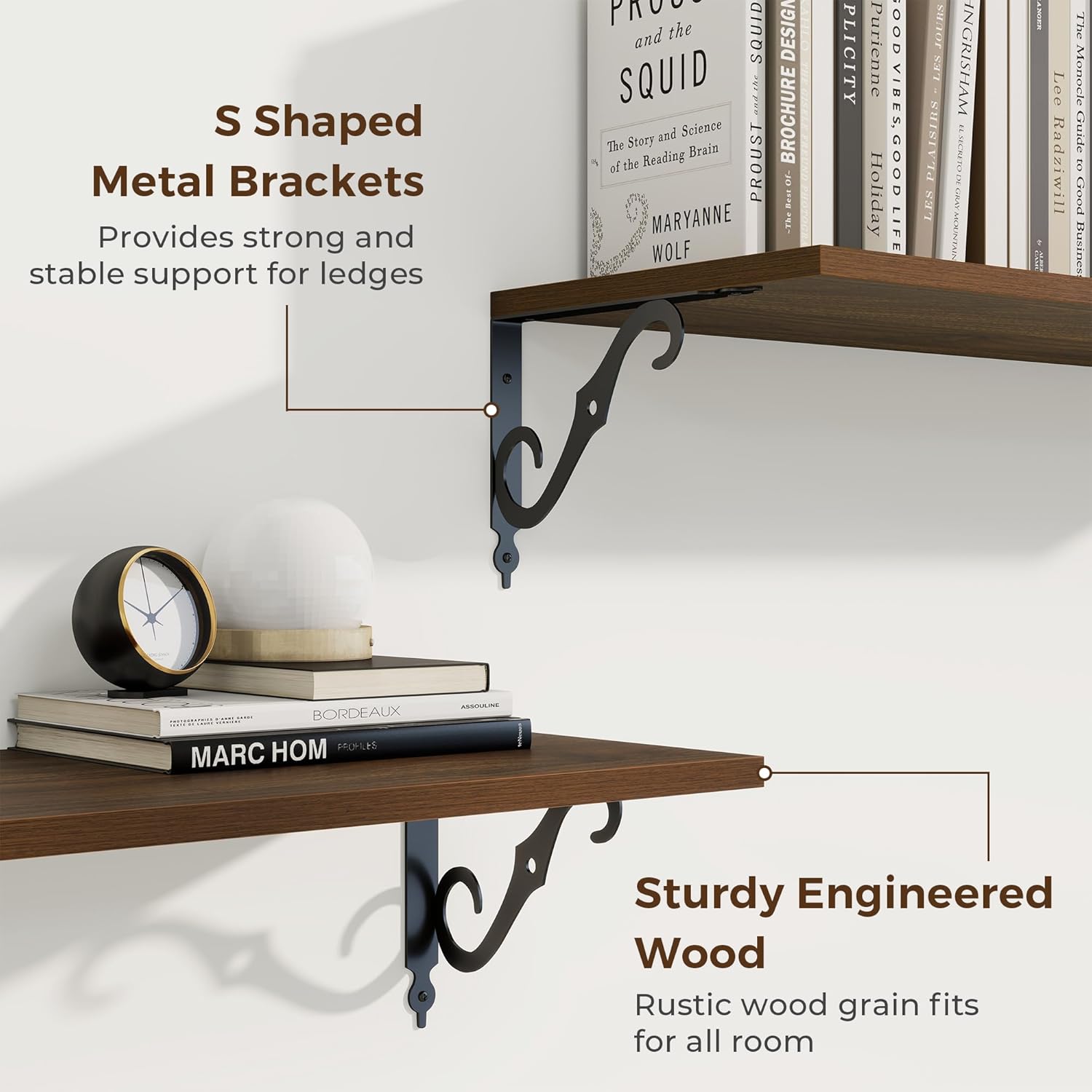 RICHFOCUS 12 Inch Deep Floating Shelves for Wall, 24" W x 12" D Wood Wall Shelves Set of 2, Wide Floating Shelves for Living Room, Bedroom, Kitchen, Bathroom and Decor Storage, Walnut