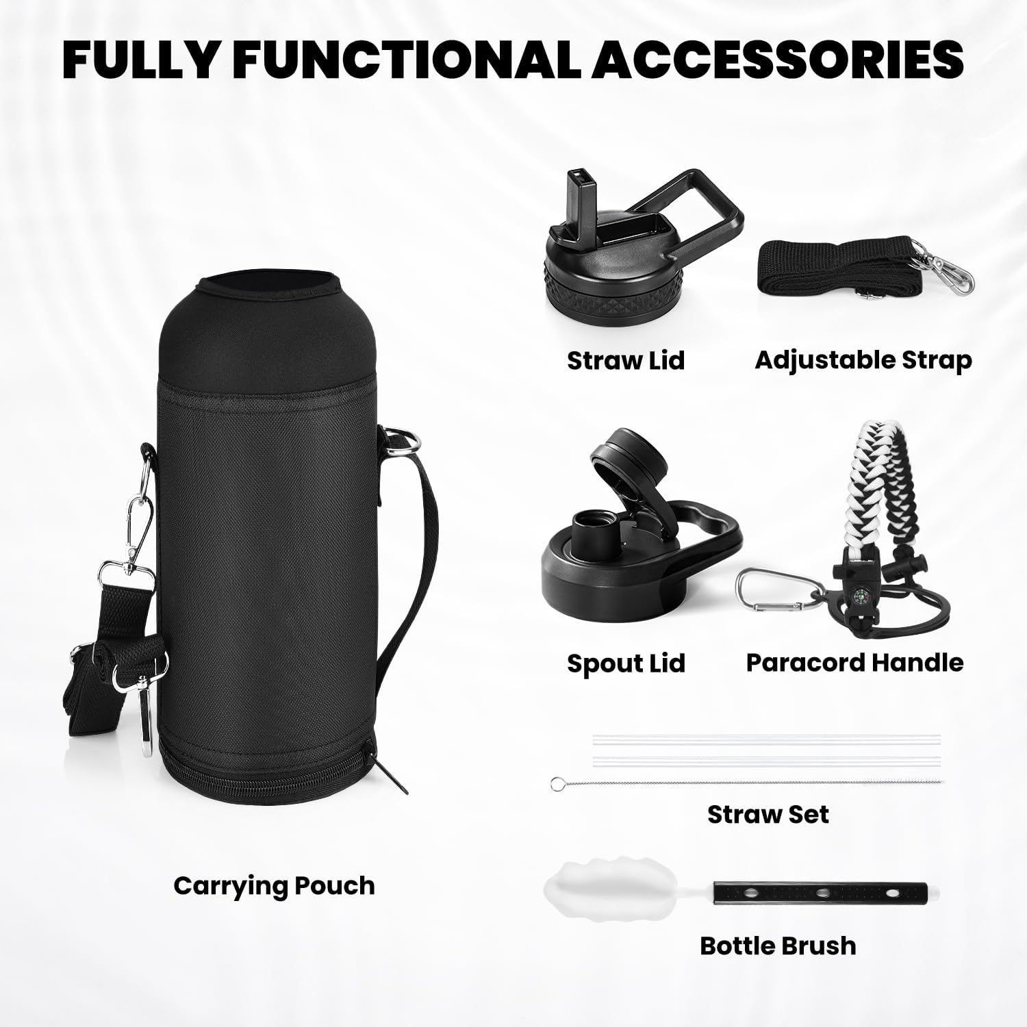 Insulated Water Bottle 40 oz, Triple Wall Vacuum Stainless Steel (Cold for 48 Hrs), Leak Proof & Non-BPA, Modern Water Flask Jug with Paracord Handle & Straw Spout Lids, Ombre: White/Black
